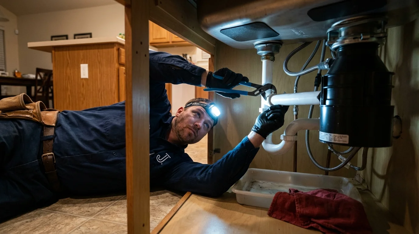 P-trap and supply line connections under a kitchen sink showing a common leak point in Charlotte, NC